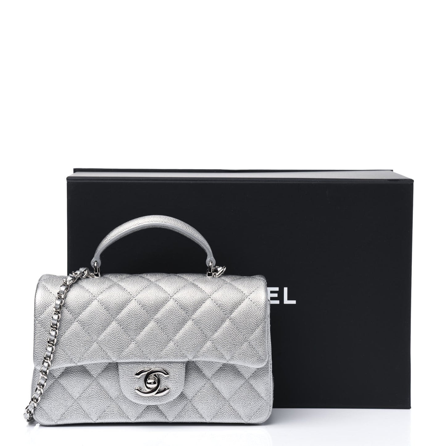 Metallic Caviar Quilted Mini Top Handle Rectangular Flap Silver