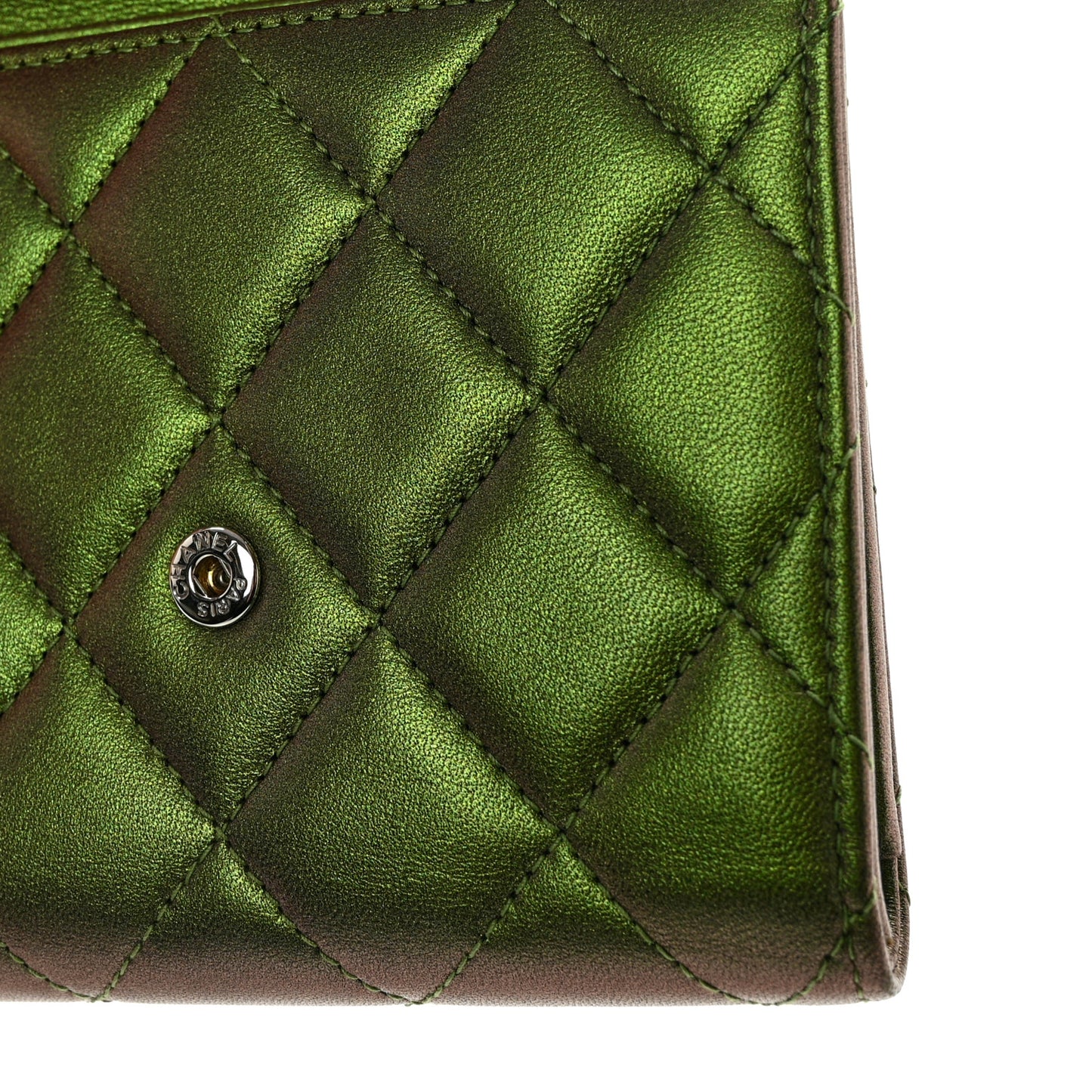 Iridescent Lambskin Quilted Small Compact Wallet Green