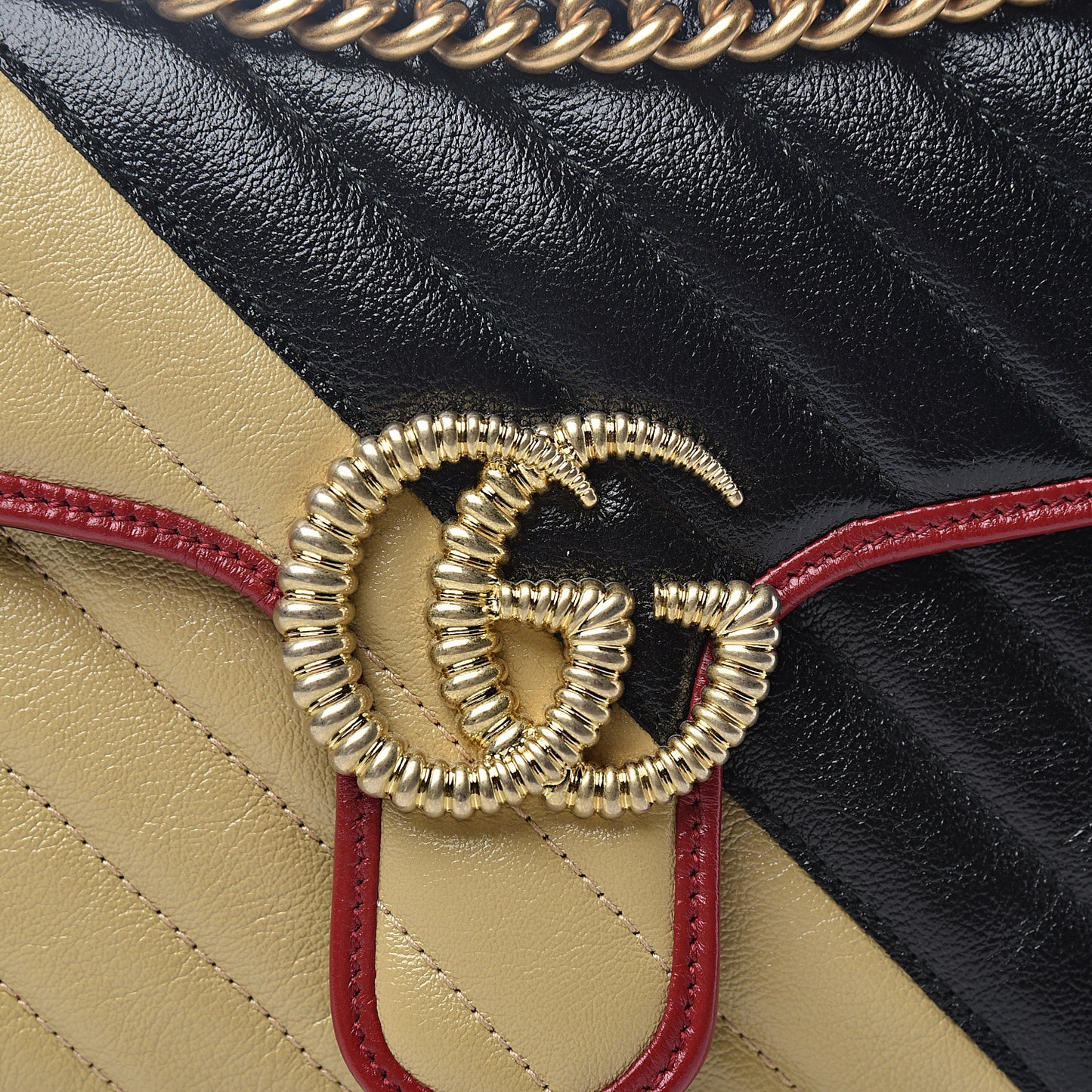 Vintage Effect Calfskin Matelasse Diagonal Striped Small Torchon GG Marmont Shoulder Bag Black Beige