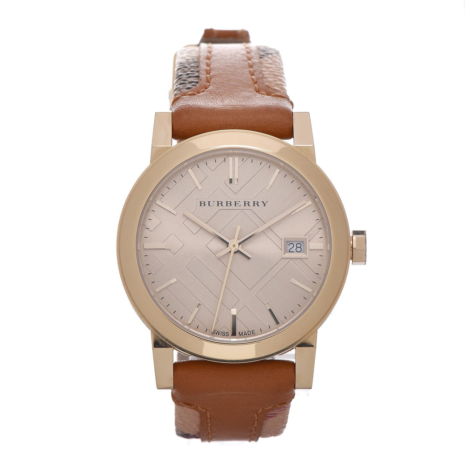 Burberry Stainless Steel Calfskin 34mm Haymarket Quartz Watch Gold BU9133 1 of 5