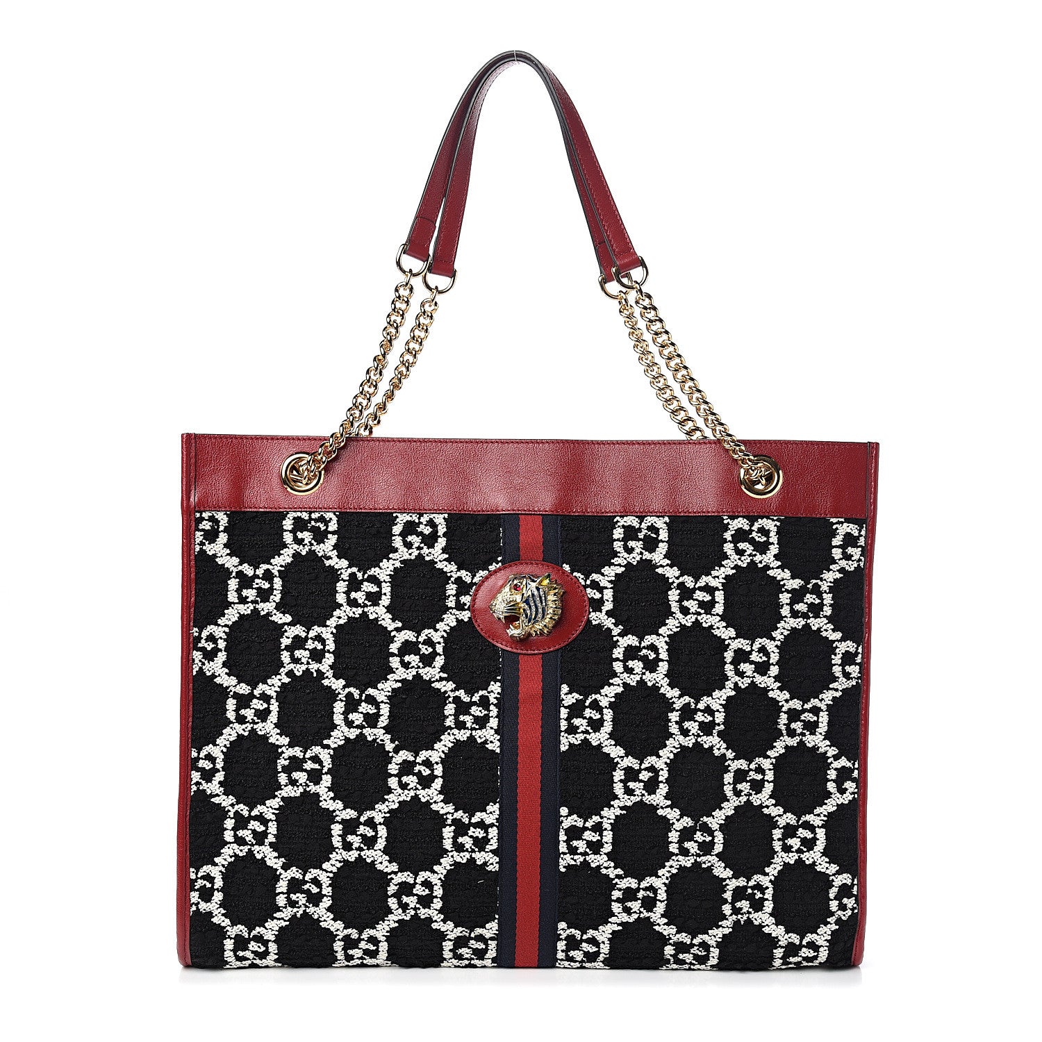 Gucci Tweed GG Monogram Large Rajah Chain Tote Romantic Cherry Black White 2 of 10