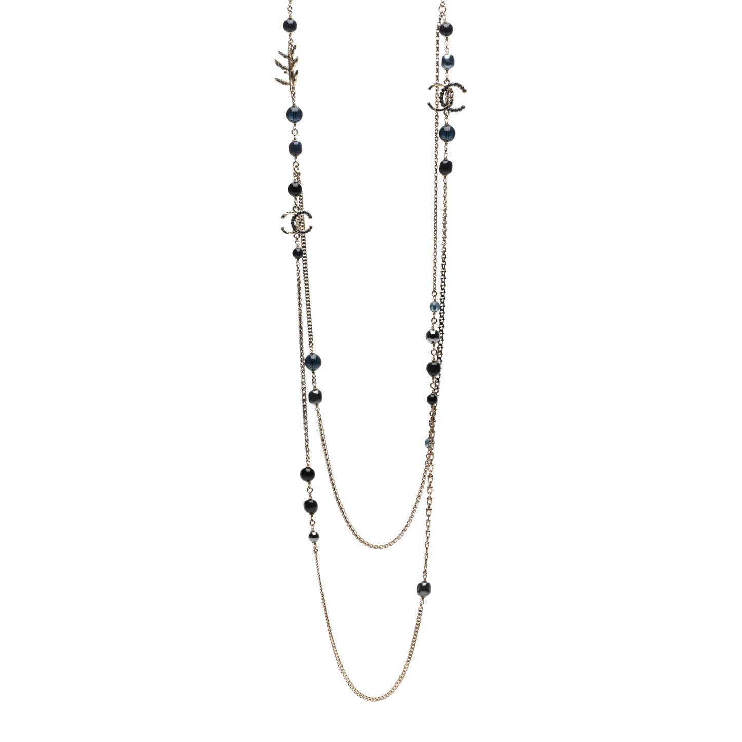 Glass Pearl Crystal CC Leaf Long Necklace Gold Blue