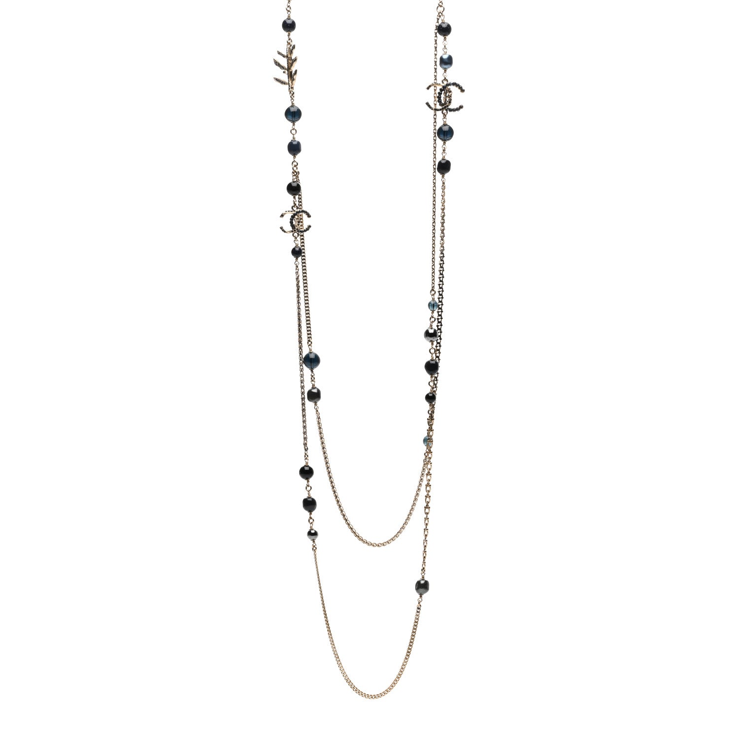 Chanel Glass Pearl Crystal CC Leaf Long Necklace Gold Blue 1 of 4
