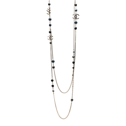 Chanel Glass Pearl Crystal CC Leaf Long Necklace Gold Blue 1 of 4