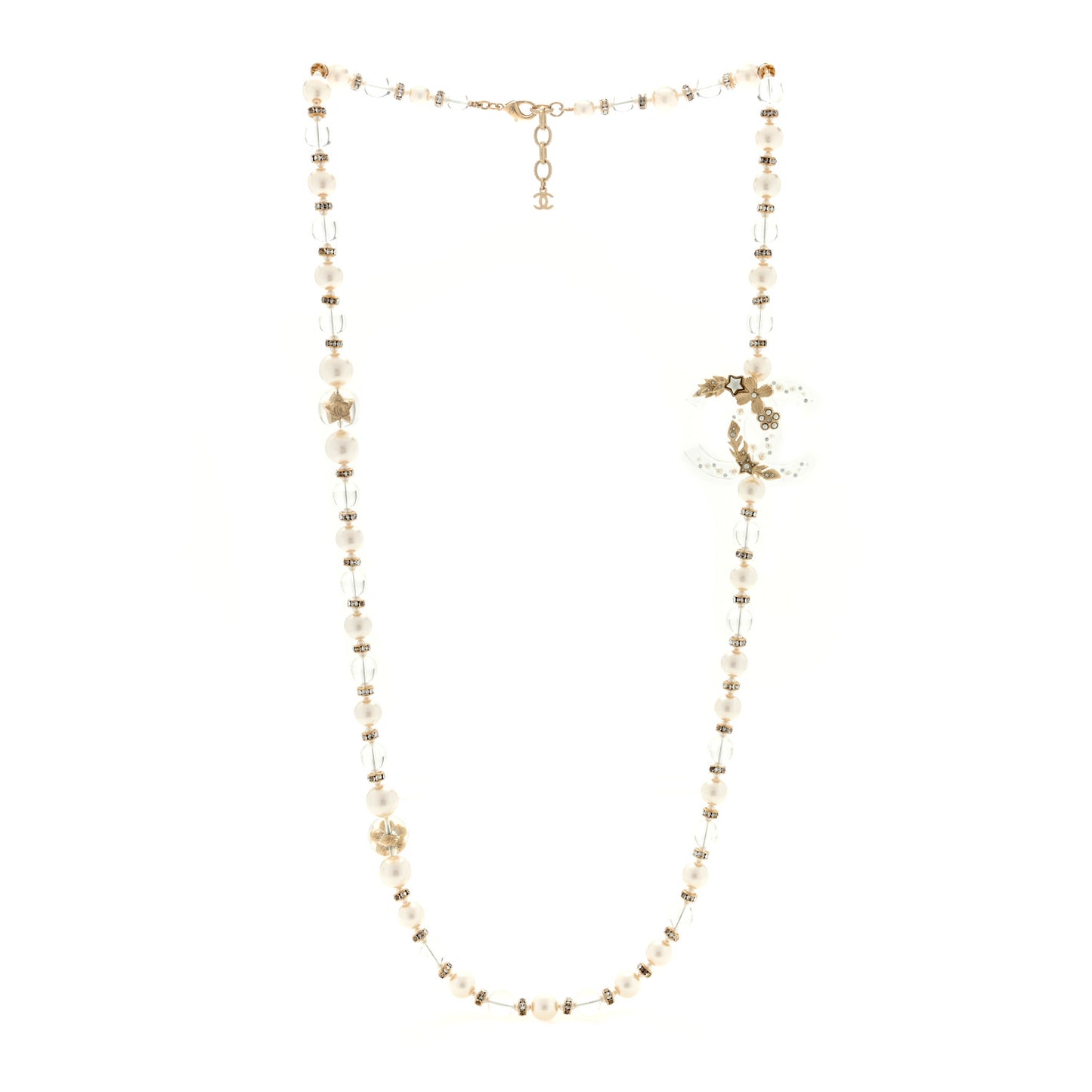Resin Pearl Crystal CC Long Necklace Transparent Gold