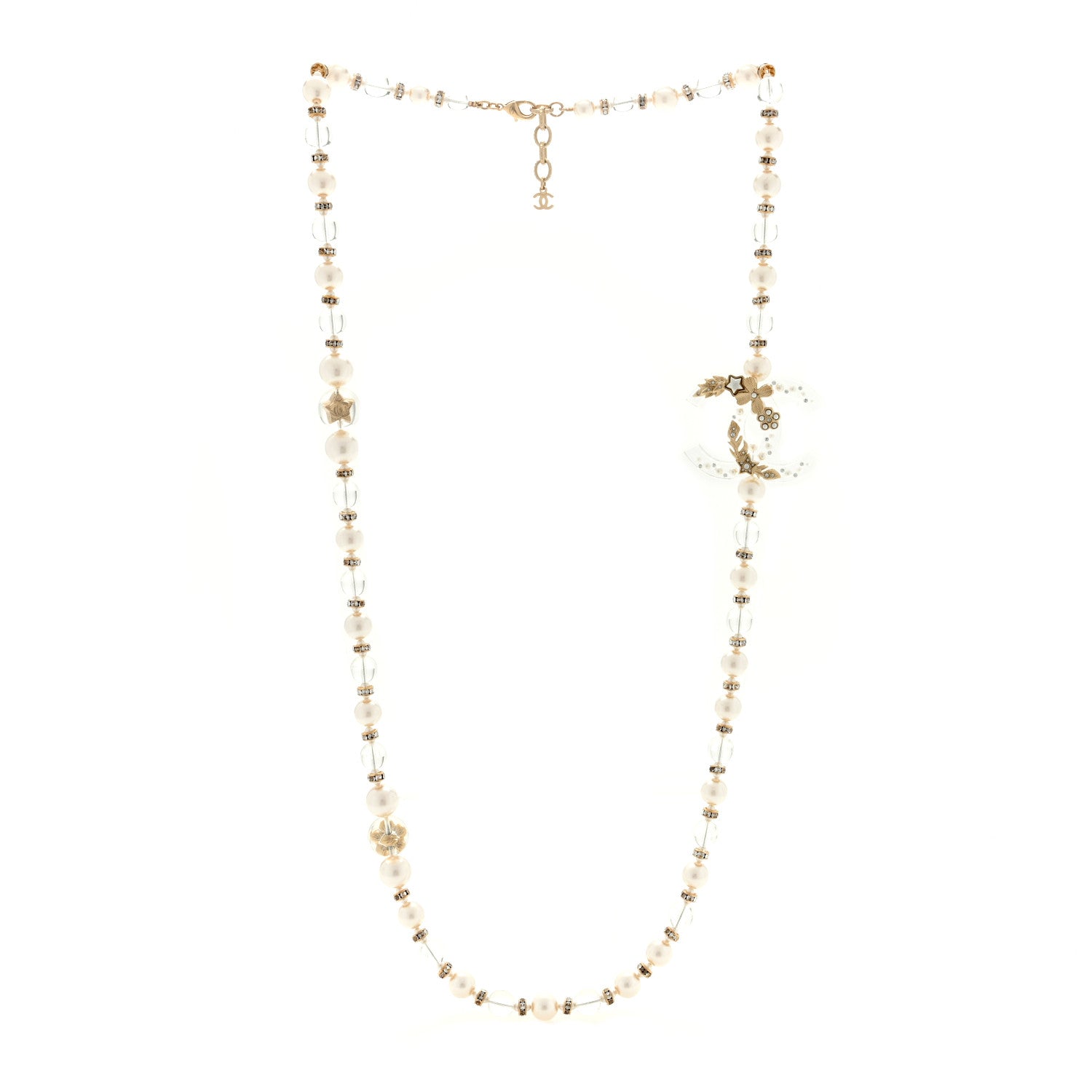 Chanel Resin Pearl Crystal CC Long Necklace Transparent Gold 2 of 3