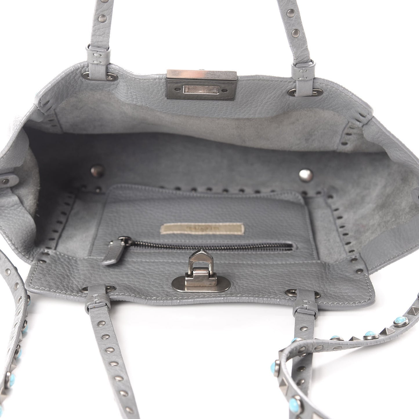 Grained Calfskin Turquoise Small Rockstud Rolling Tote Light Stone