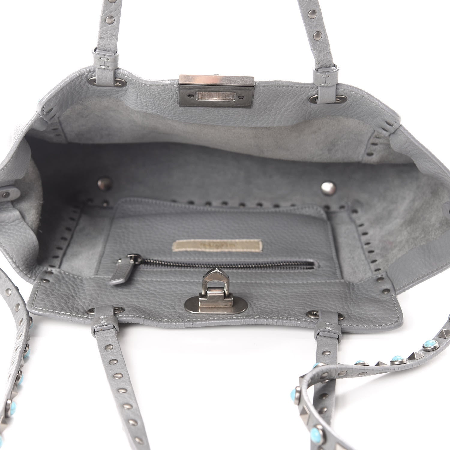 Valentino Garavani Grained Calfskin Turquoise Small Rockstud Rolling Tote Light Stone 5 of 14