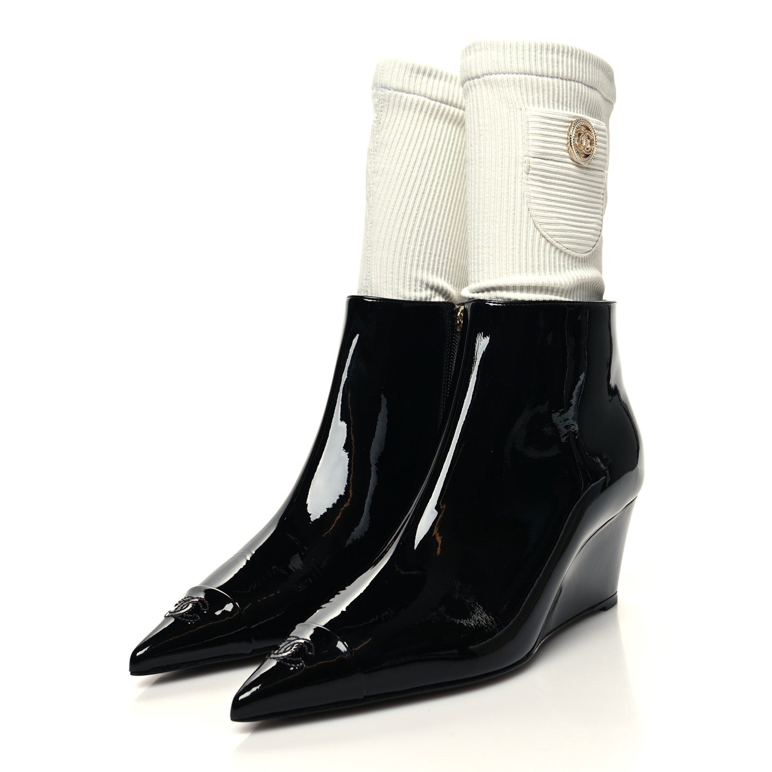 Chanel Patent Knit Wedge Ankle Boots 38.5 Black White 3 of 9