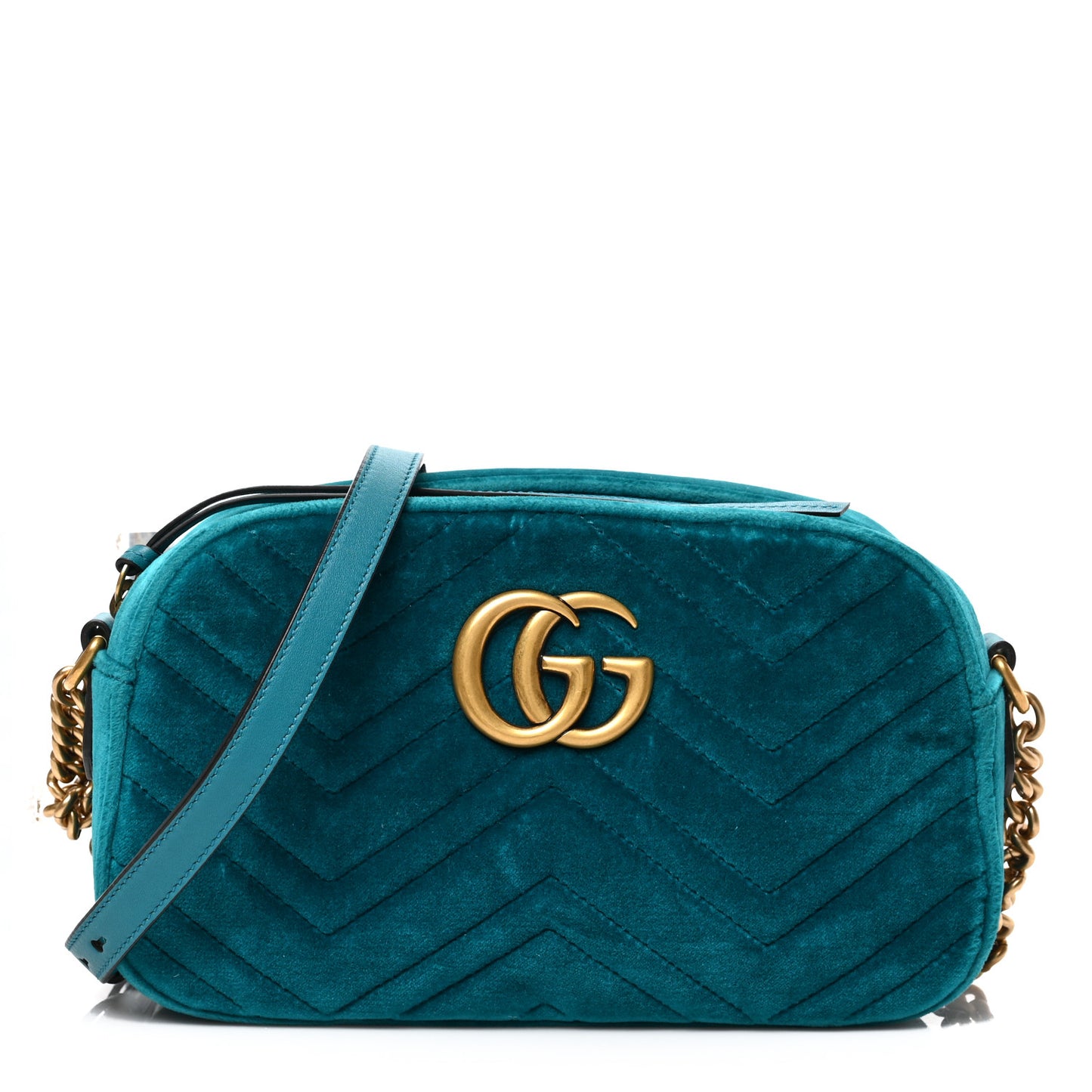 Velvet Matelasse Small GG Marmont Chain Shoulder Bag Pavone Cyan