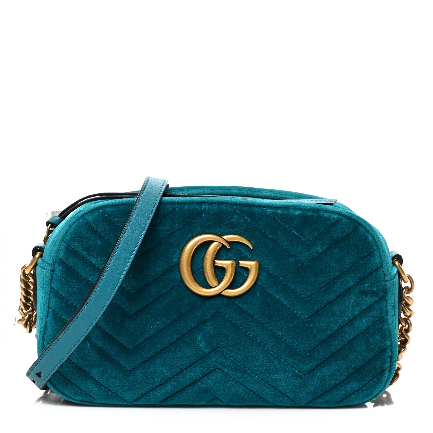 Gucci Velvet Matelasse Small GG Marmont Chain Shoulder Bag Pavone Cyan 1 of 9