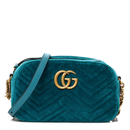 Gucci Velvet Matelasse Small GG Marmont Chain Shoulder Bag Pavone Cyan 1 of 9