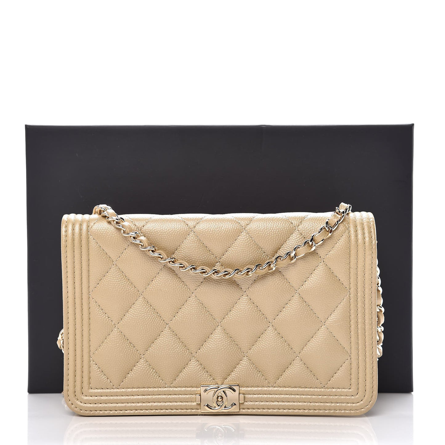 Metallic Caviar Quilted Boy Wallet On Chain WOC Light Gold