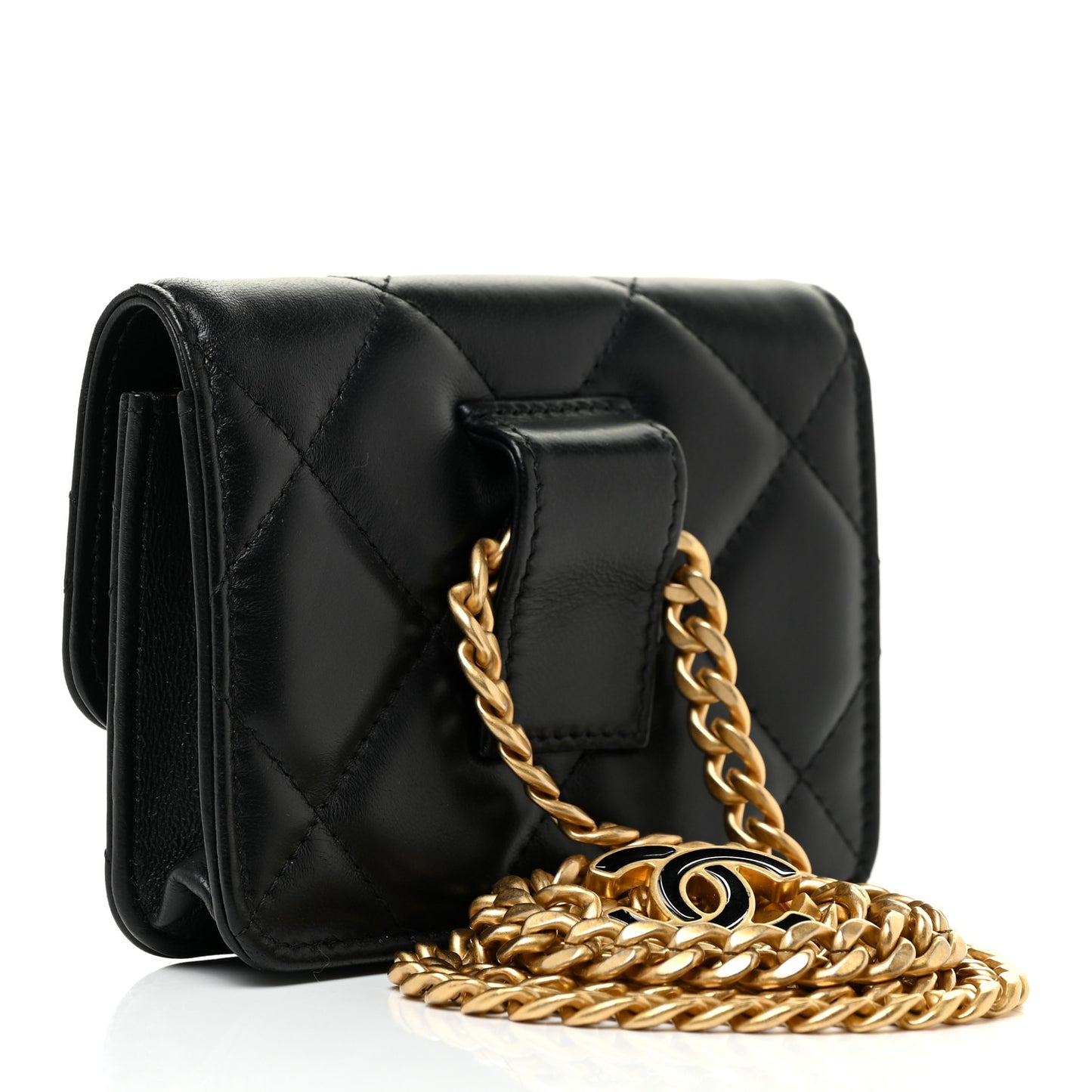 Lambskin Enamel Quilted Pending CC Flap Belt Bag Black
