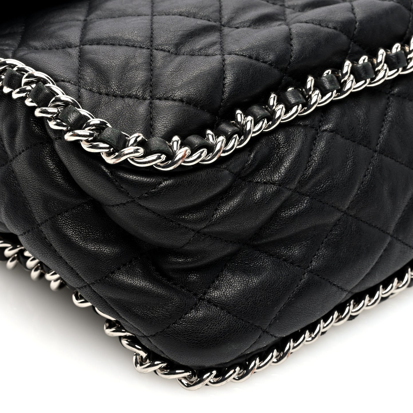 Washed Lambskin Quilted Maxi Chain Around Flap Black