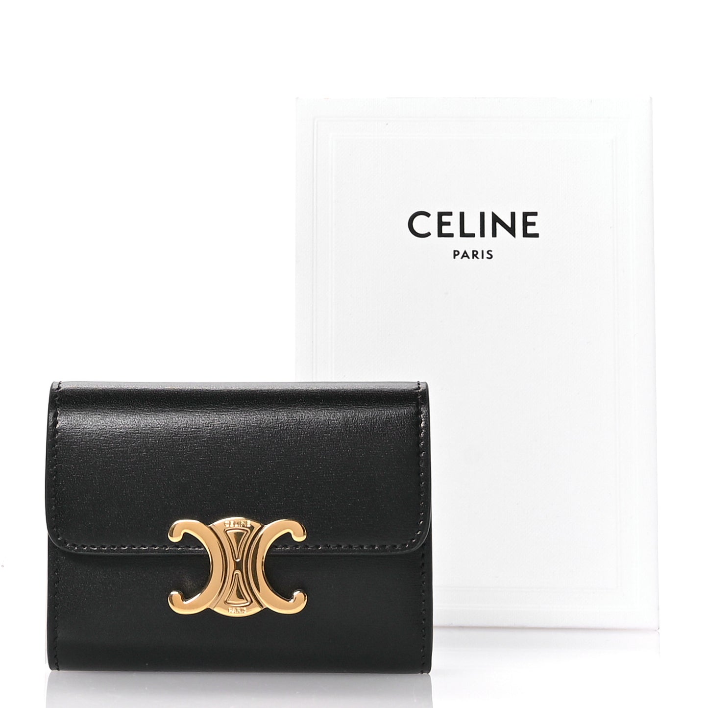 Calfskin Compact Triomphe Wallet With Coin Purse Black