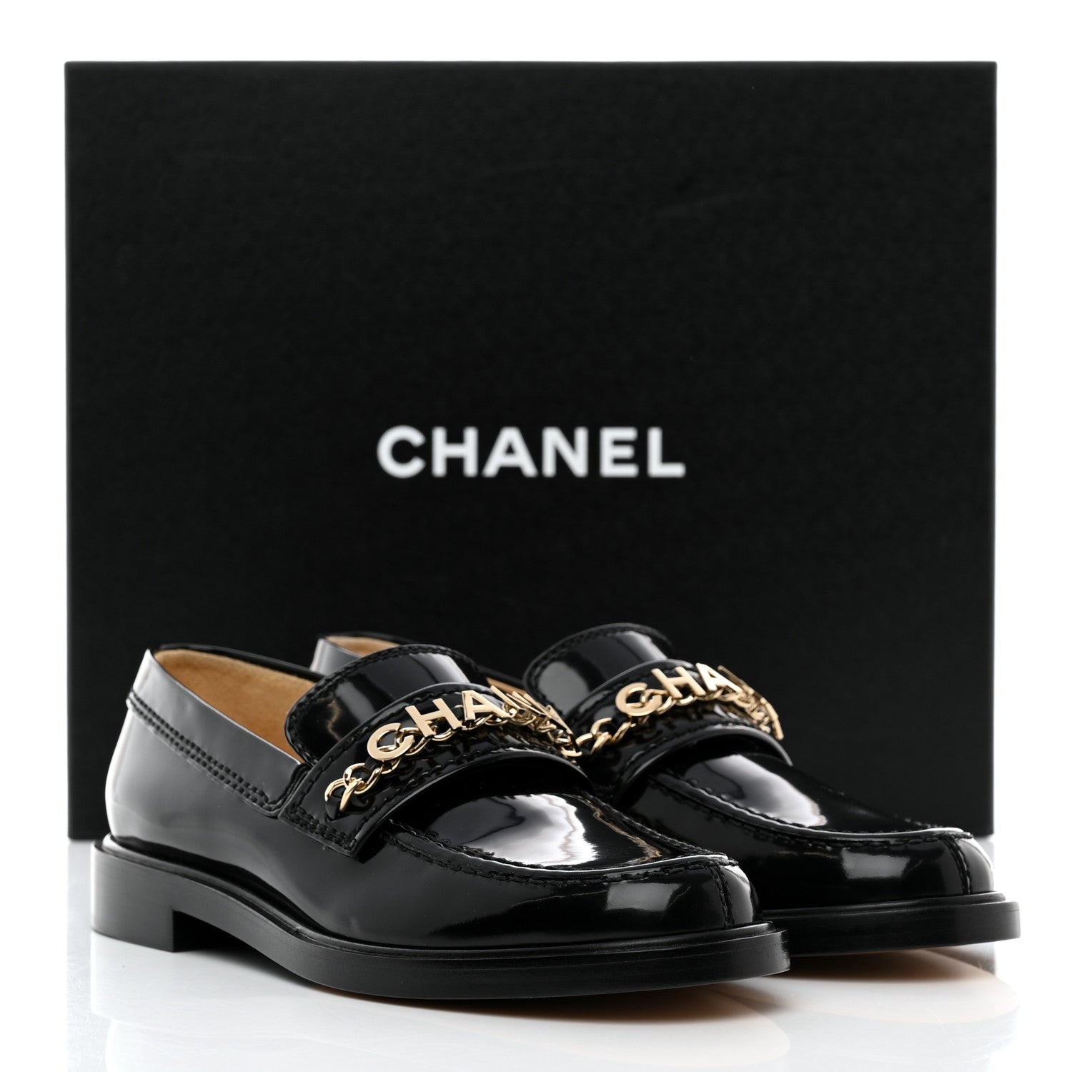 Chanel Shiny Calfskin Logo Loafers 36 Black 9 of 9