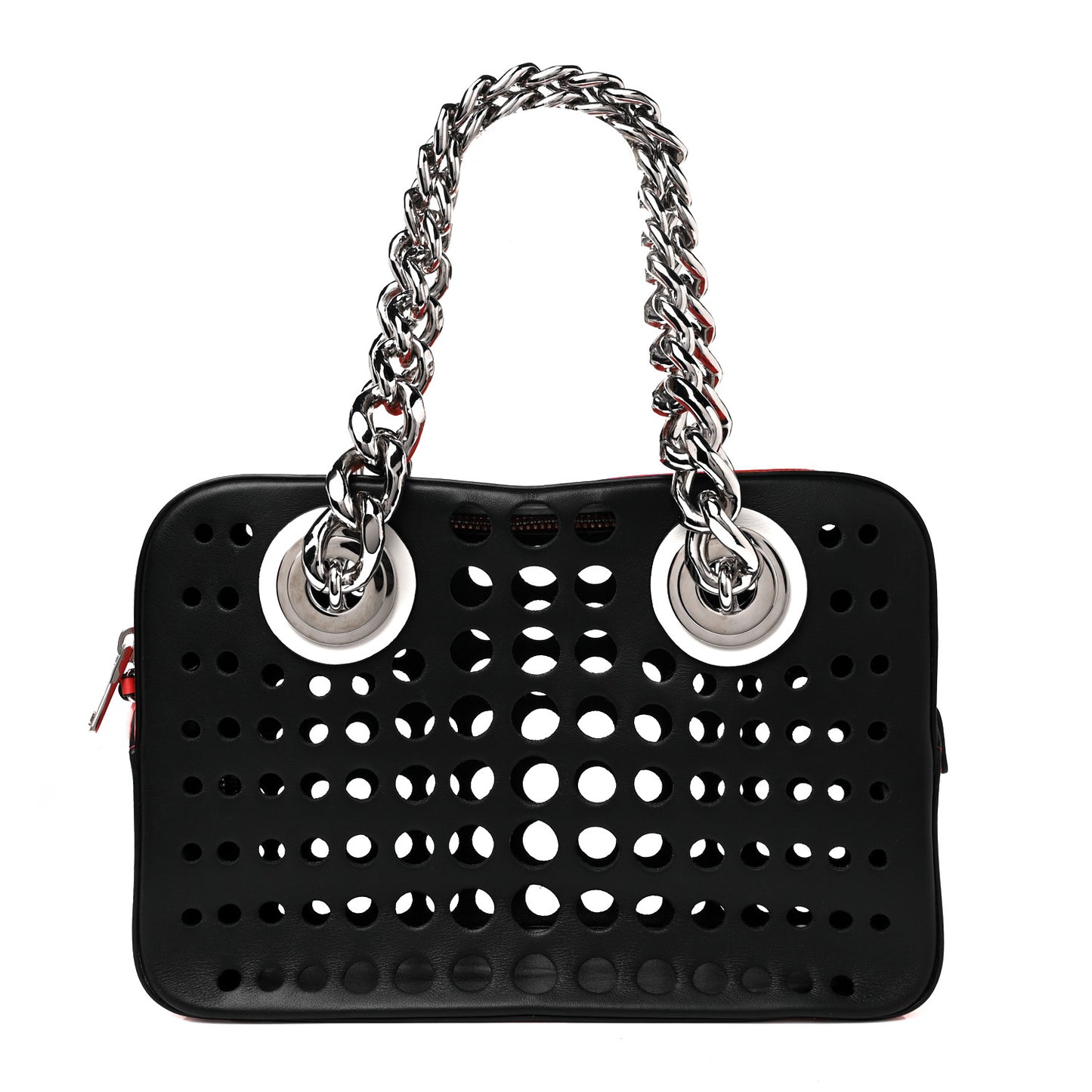 City Calfskin Perforated Chain Shoulder Bag Black Lacca