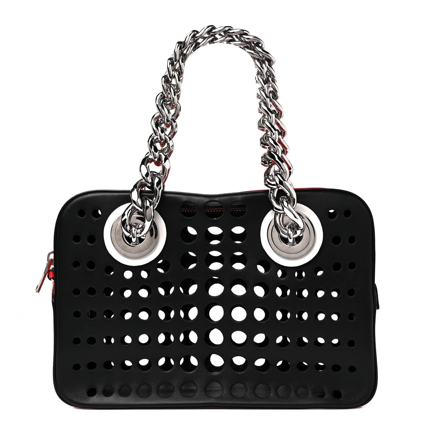 Prada City Calfskin Perforated Chain Shoulder Bag Black Lacca 3 of 10