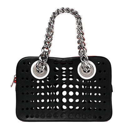 Prada City Calfskin Perforated Chain Shoulder Bag Black Lacca 3 of 10
