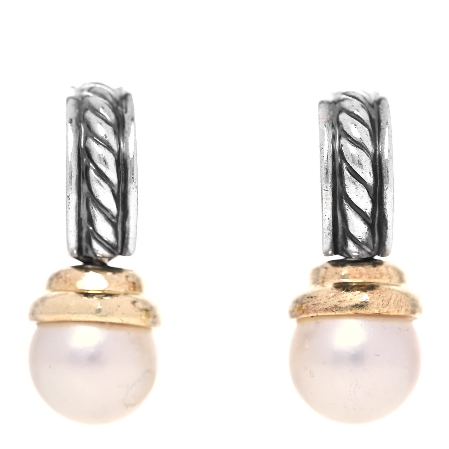 Sterling Silver 14K Yellow Gold Pearl Cable Drop Earrings