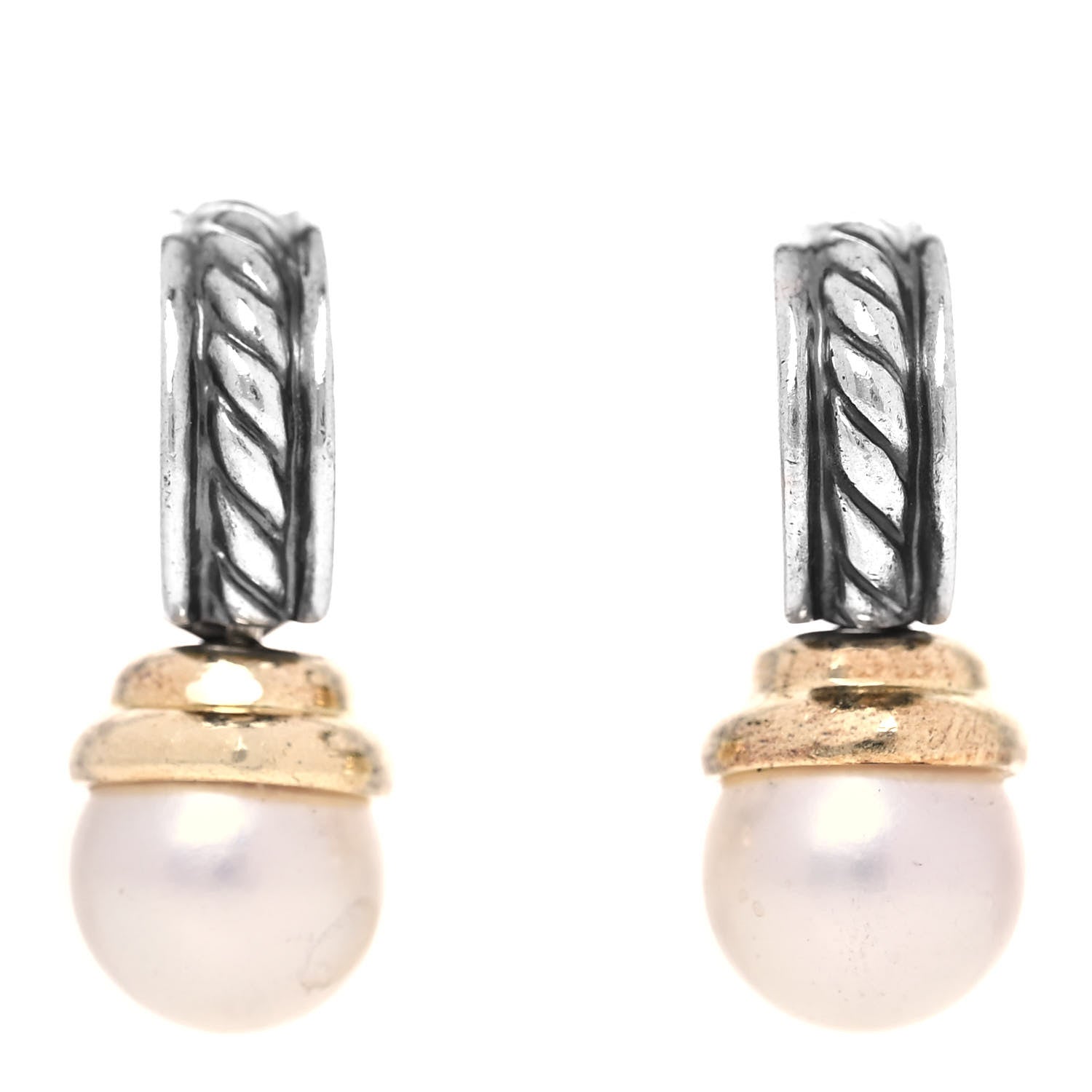 David Yurman Sterling Silver 14K Yellow Gold Pearl Cable Drop Earrings 1 of 4