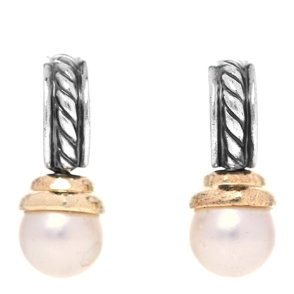 David Yurman Sterling Silver 14K Yellow Gold Pearl Cable Drop Earrings 1 of 4