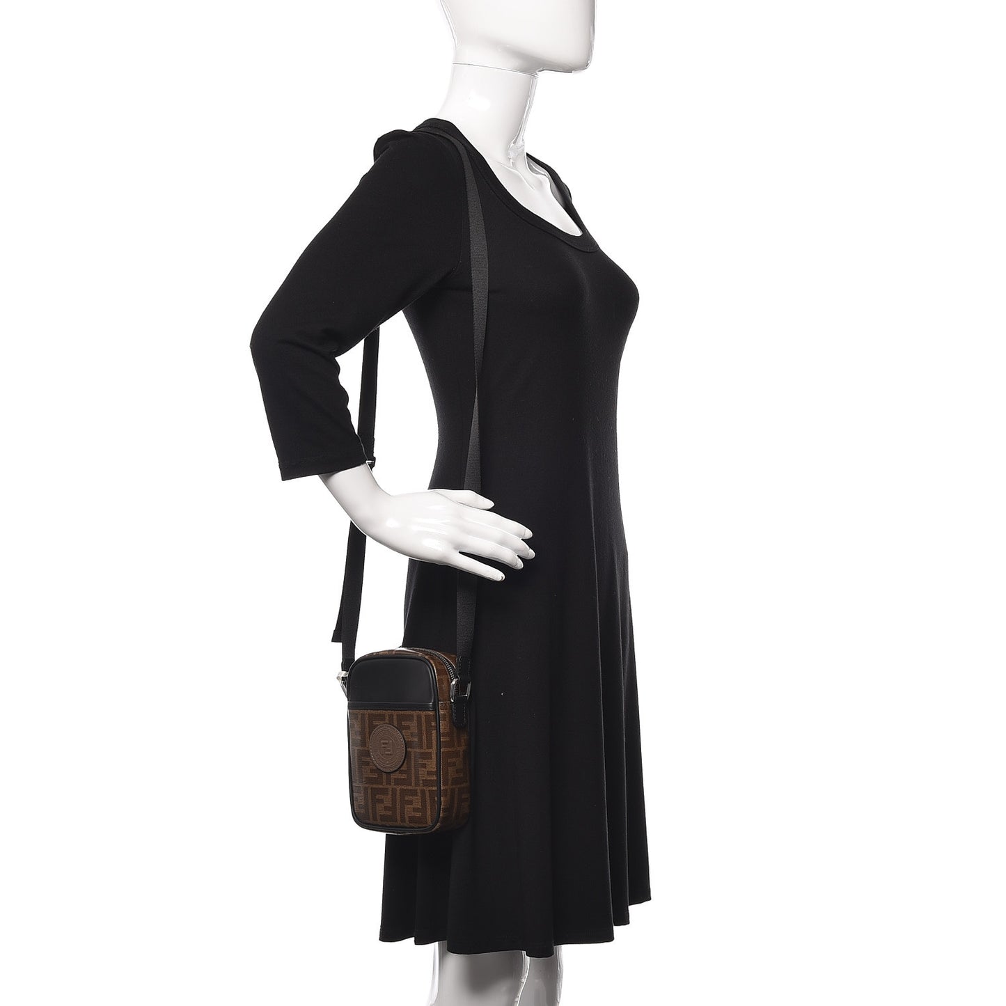 Glazed Fabric Vitello Century FF 1974 Stamp Patch Small Crossbody Messenger Mogano Panna Black