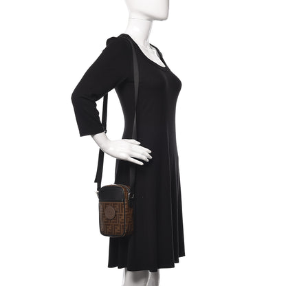 Fendi Glazed Fabric Vitello Century FF 1974 Stamp Patch Small Crossbody Messenger Mogano Panna Black 2 of 9