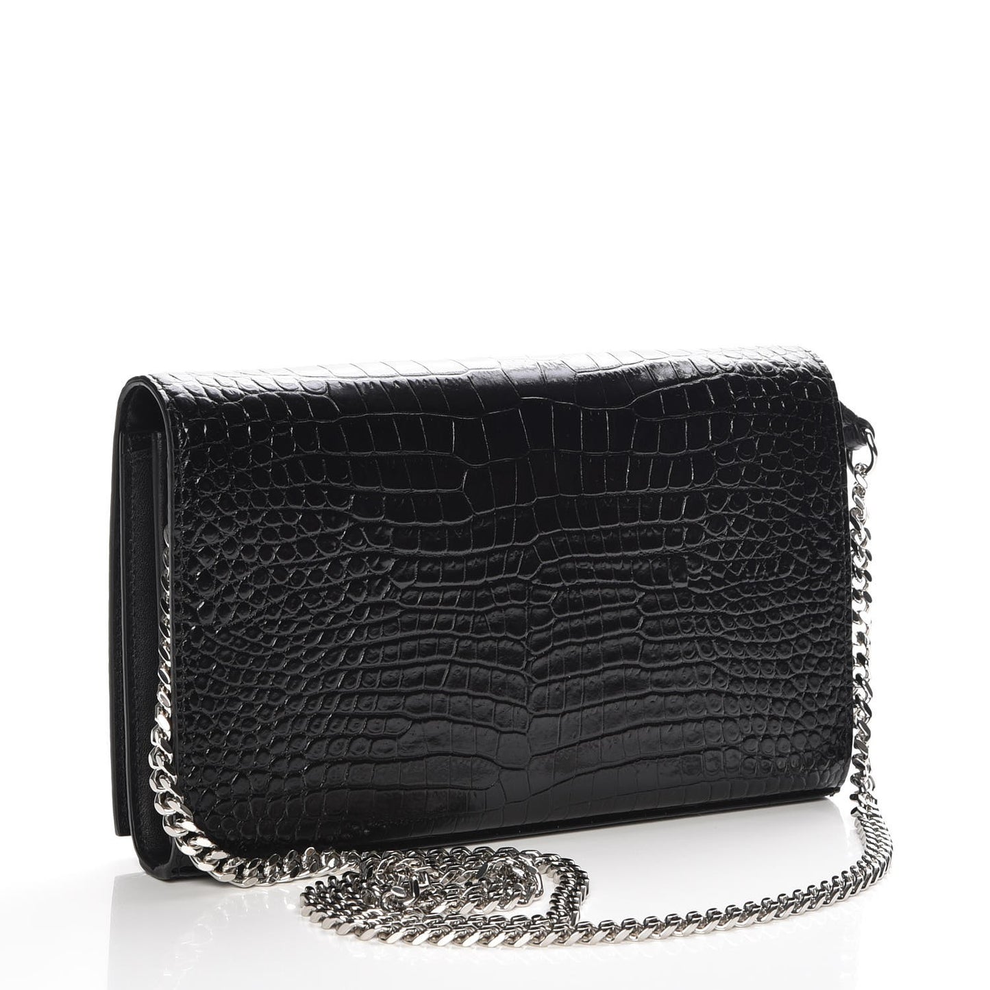 Calfskin Crocodile Embossed Monogram Chain Wallet Nero Black