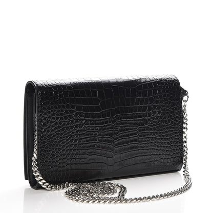 Saint Laurent Calfskin Crocodile Embossed Monogram Chain Wallet Nero Black 4 of 7
