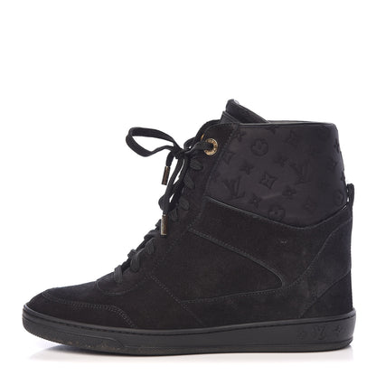 Louis Vuitton Calfskin Suede Monogram Cliff Top Wedge Sneakers 38.5 Black 1 of 14