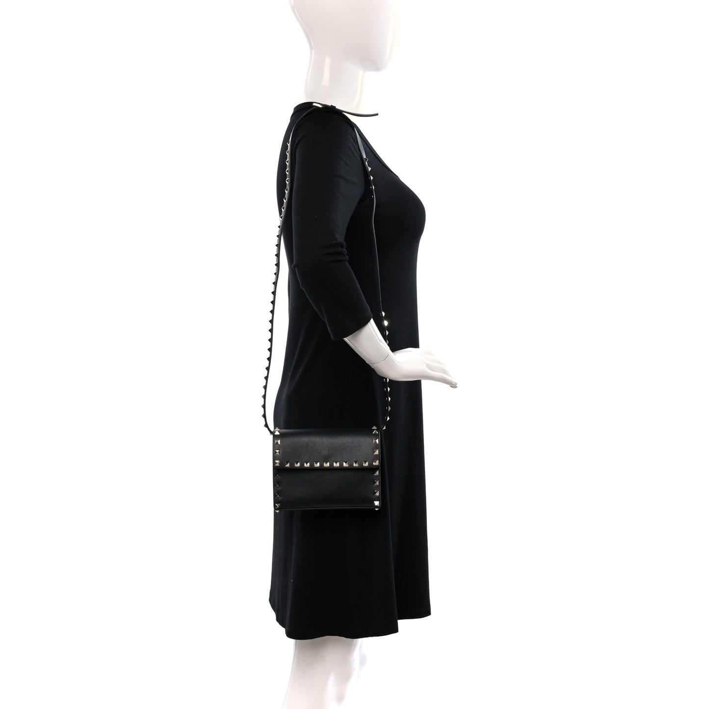 VALENTINO GARAVANI Vitello Mini Rockstud Flap Wallet on Strap Black