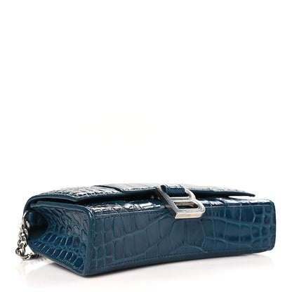 Balenciaga Shiny Calfskin Crocodile Embossed Hourglass Chain Bag Dark Petrol Blue 4 of 8