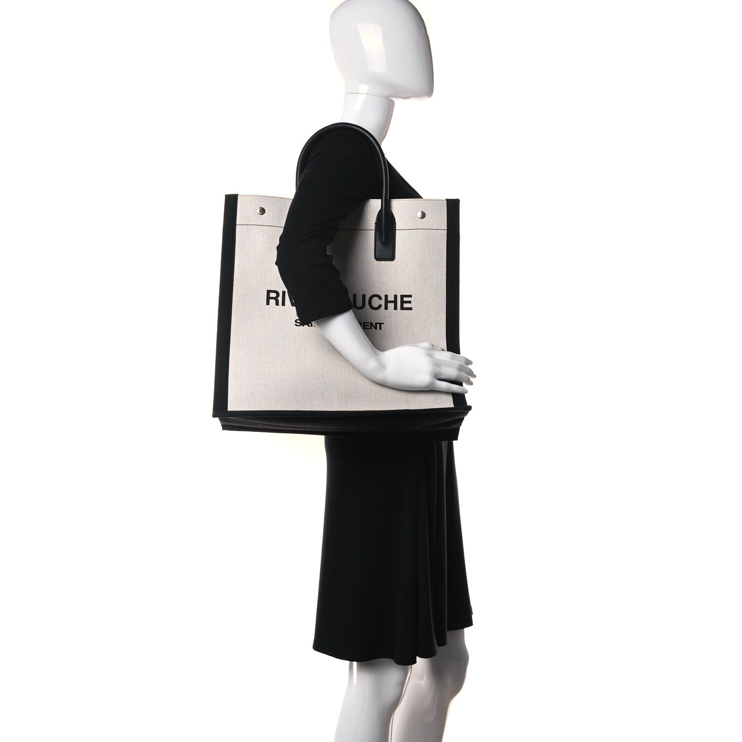 Saint Laurent Linen Calfskin Rive Gauche North South Tote White Black 2 of 8