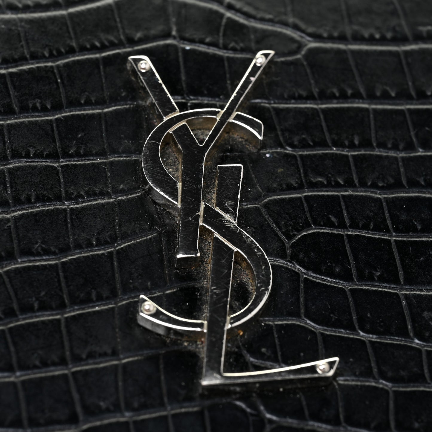Calfskin Crocodile Embossed Monogram Chain Wallet Black