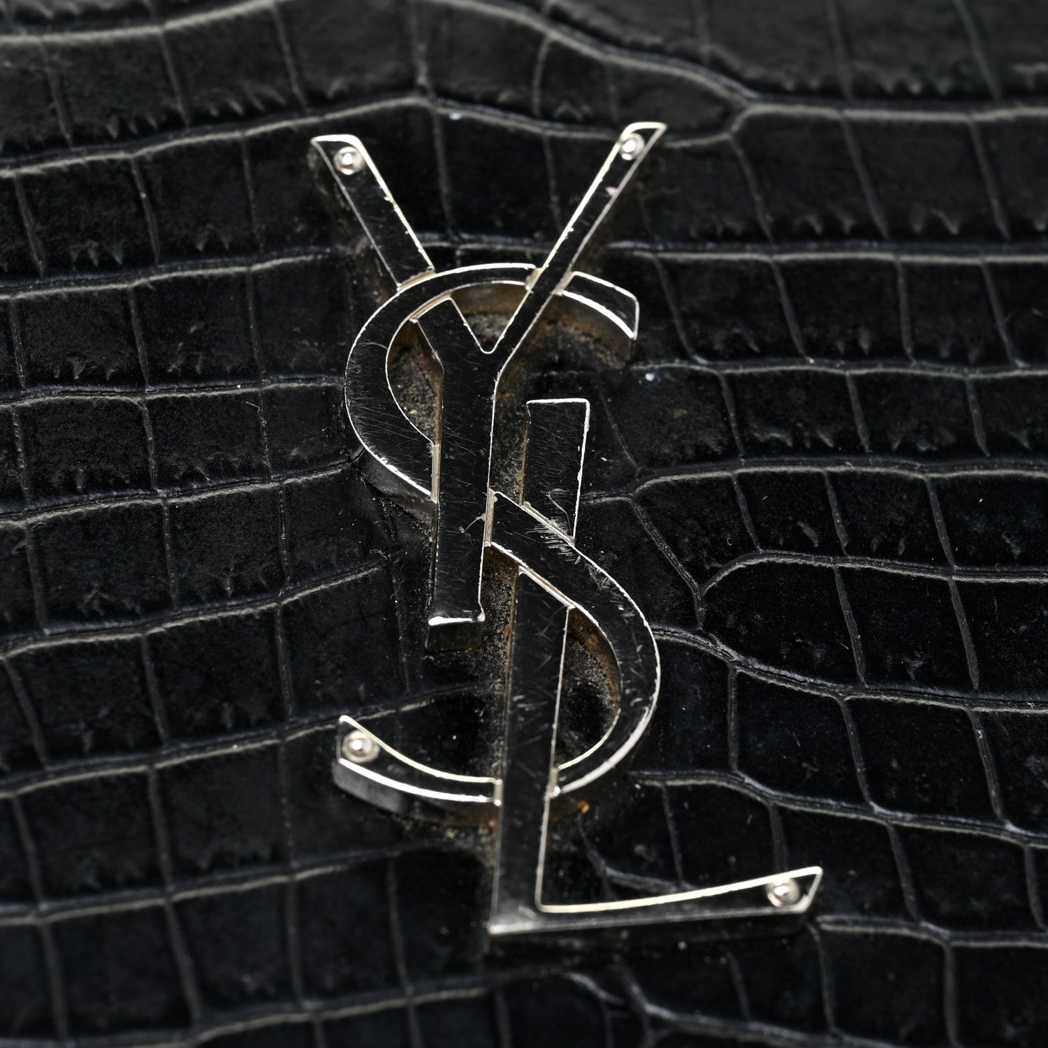 Saint Laurent Calfskin Crocodile Embossed Monogram Chain Wallet Black 16 of 16