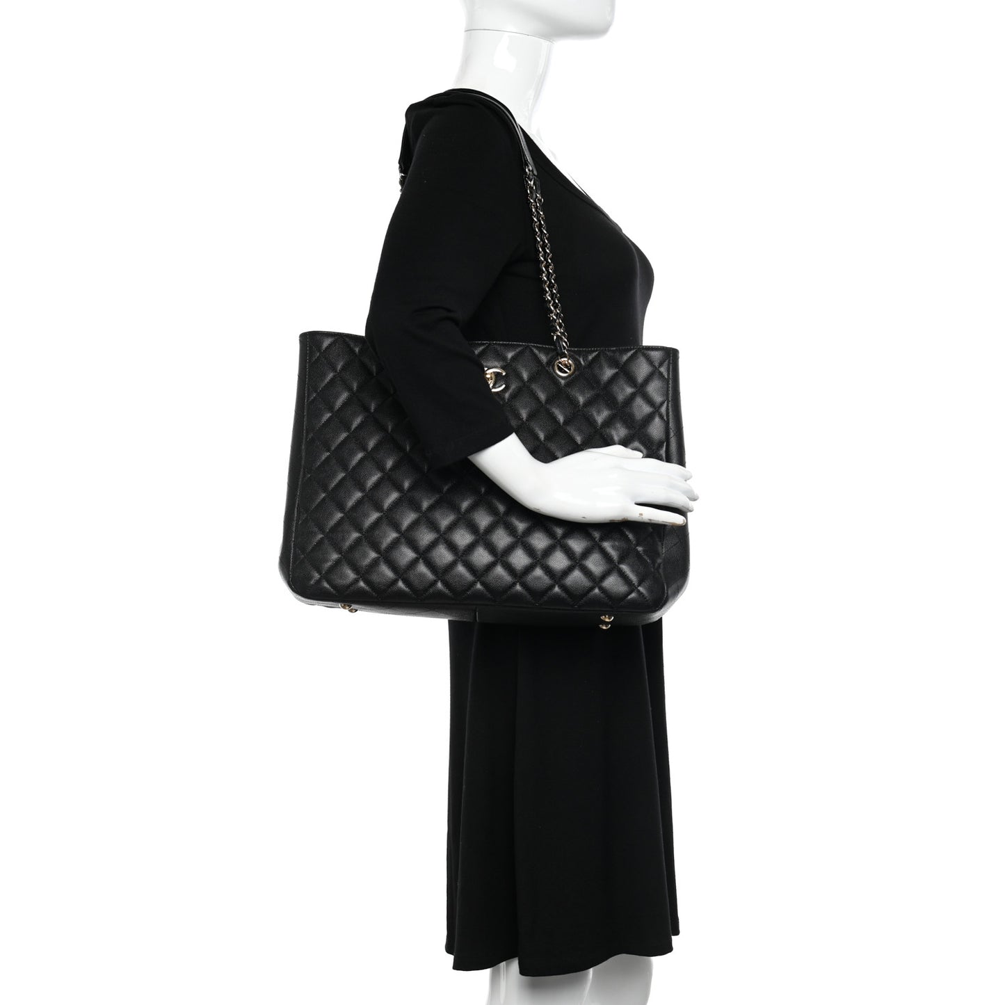 Caviar Quilted Large Shopping Tote Black