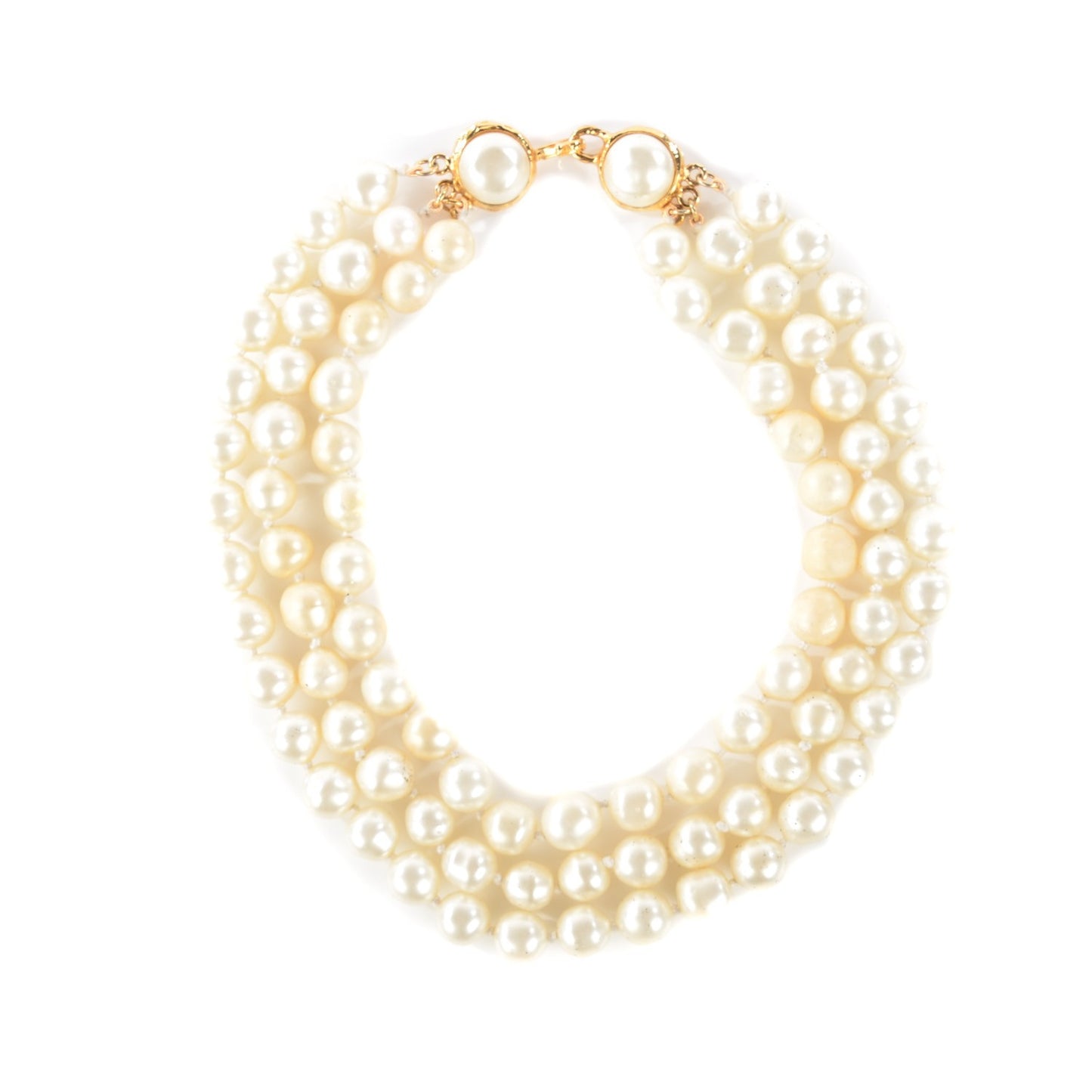 Pearl Triple Strand CC Short Necklace Gold