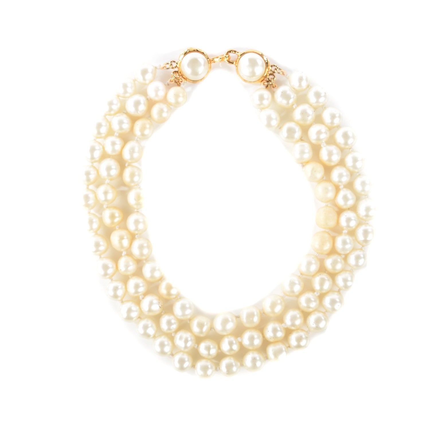 Chanel Pearl Triple Strand CC Short Necklace Gold 1 of 7
