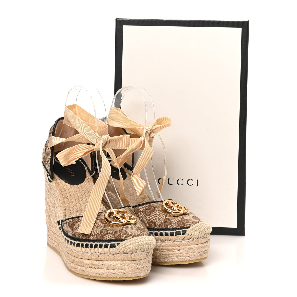 Monogram Matelasse GG Marmont Ankle Wrap Platform 35/120mm Espadrille Wedges 37.5 Beige Ebony Black Sand Storm