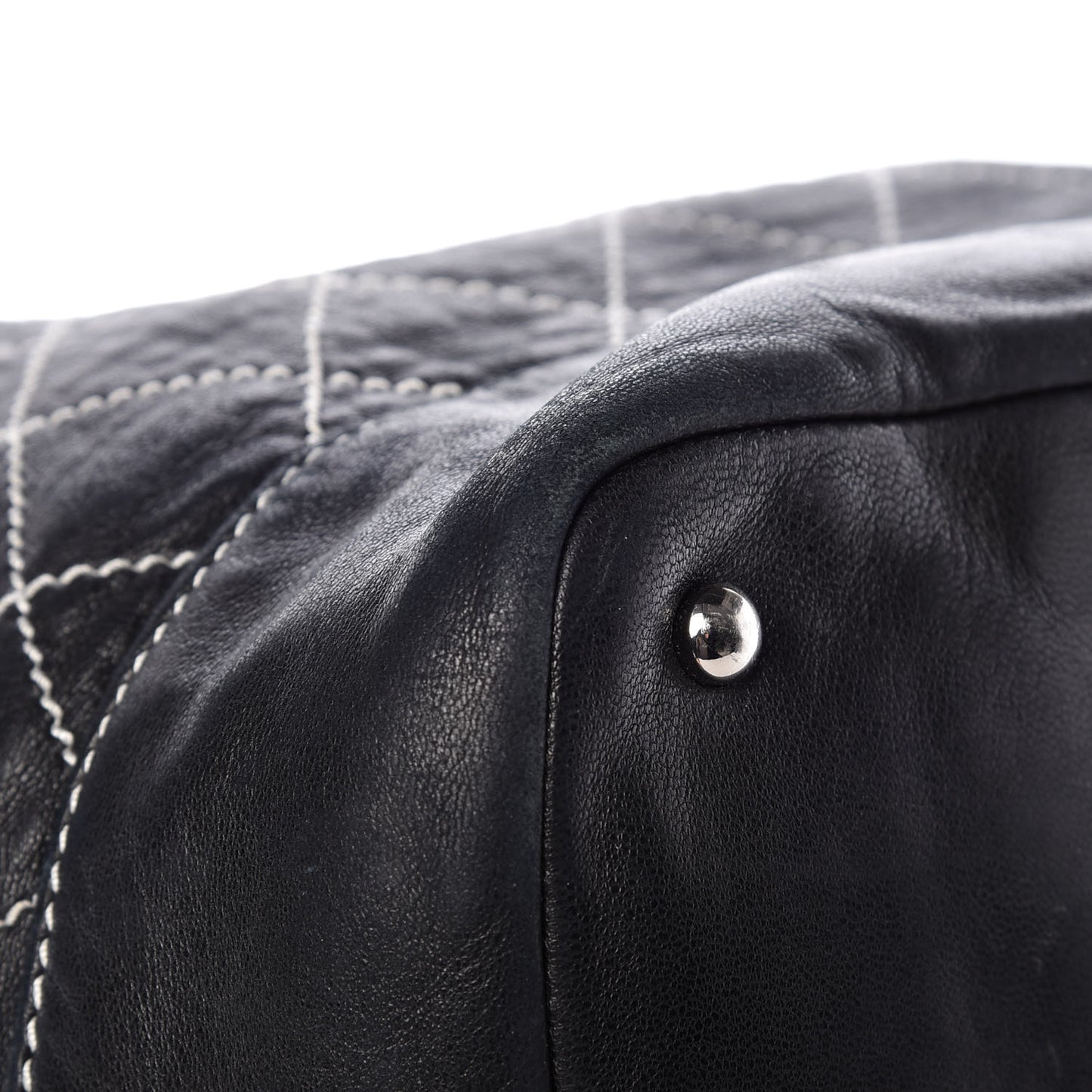 Lambskin Contrast Stitch Large Drawstring Tote Black