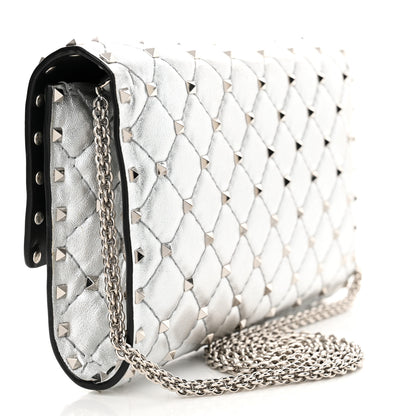 Valentino Garavani Metallic Lambskin Rockstud Spike Wallet on Chain Silver 3 of 11