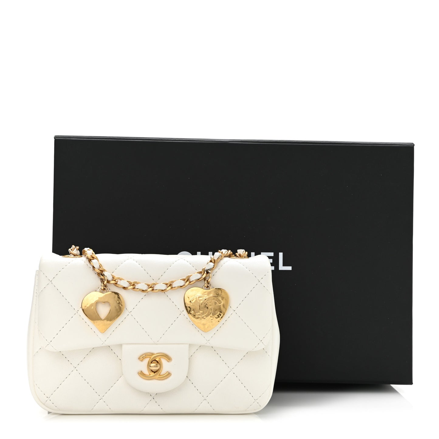 Lambskin Quilted Mini Heart Charms Flap White