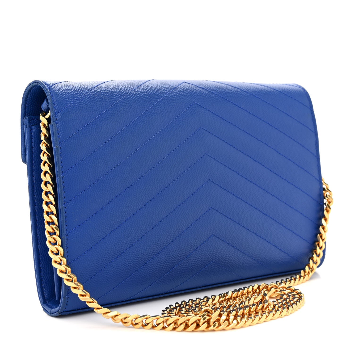 Saint Laurent Grain De Poudre Matelasse Chevron Monogram Chain Wallet Blue Majorelle 3 of 13