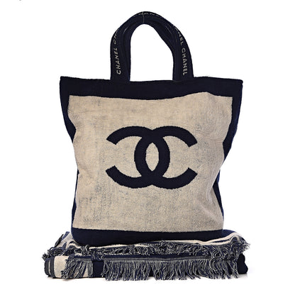 Chanel Terry Cotton CC Beach Tote Towel Set Navy Blue Beige 4 of 12