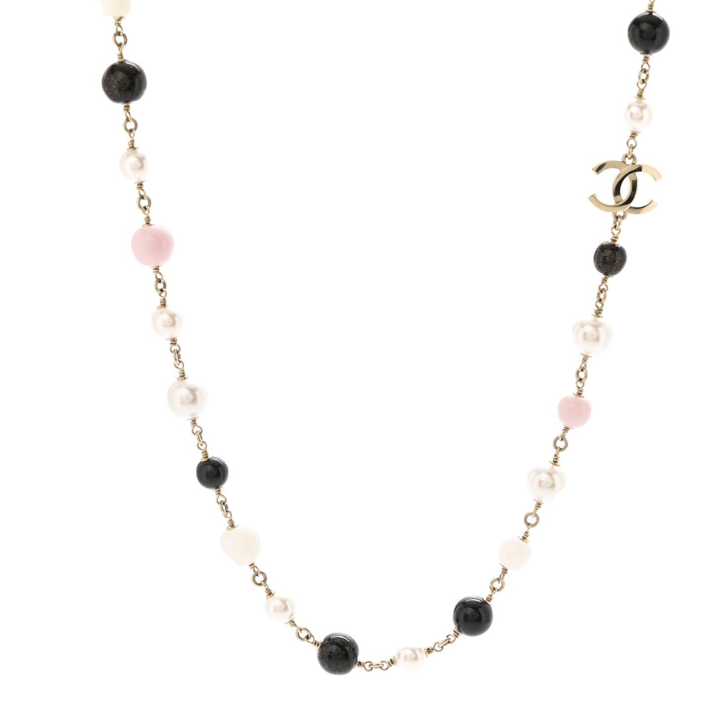 Pearl Beaded CC Long Necklace Gold Black White Pink