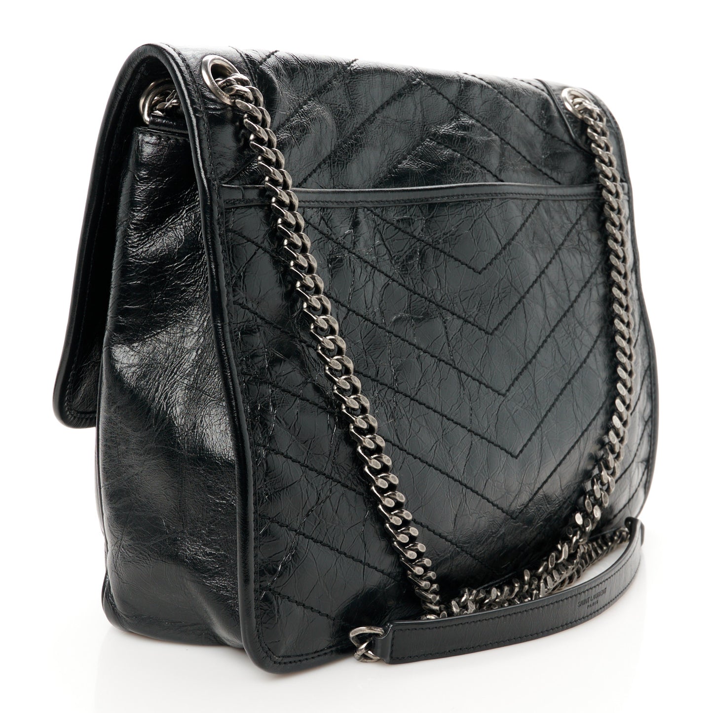 Crinkled Calfskin Matelasse Monogram Large Niki Chain Satchel  Black