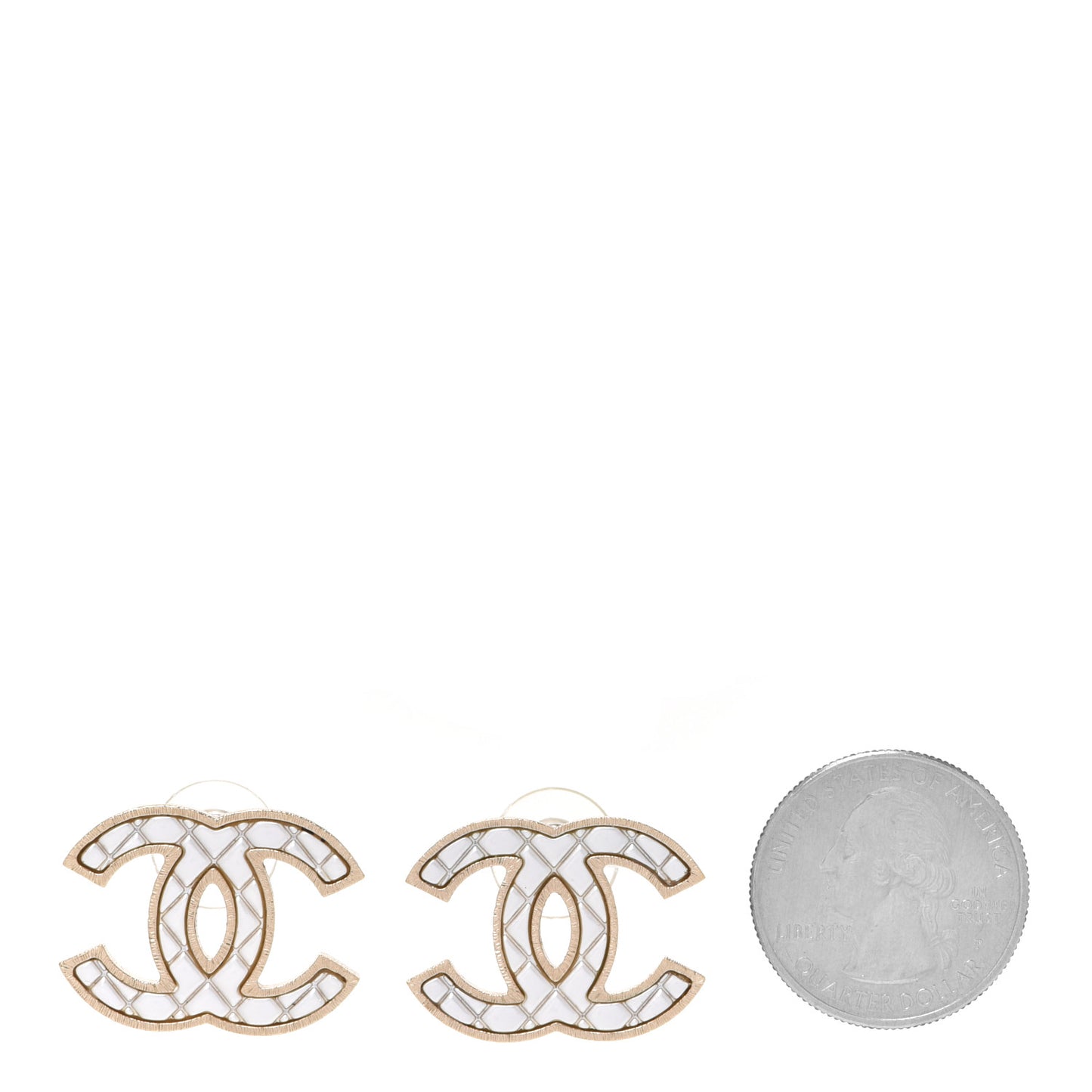 Metal Quilted CC Earrings Gold White