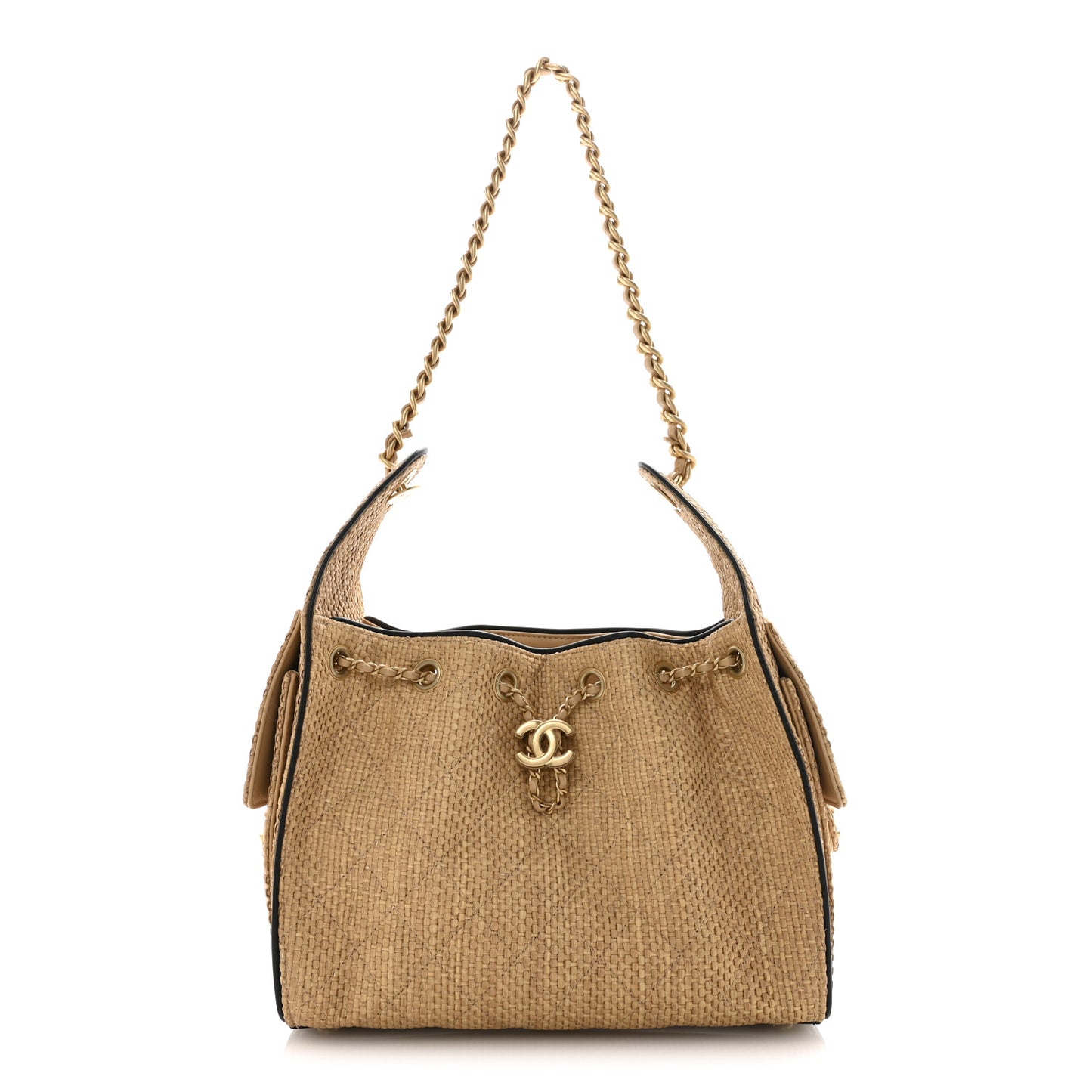 Braided Raffia Calfskin Quilted Small Chanel 25 Handbag Beige Black